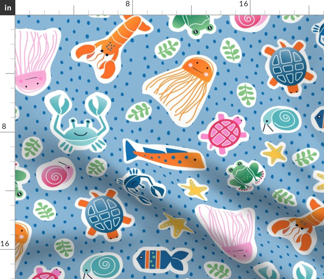 Large Scale Tossed Happy Sea Creatures on Blue Polka Dot Ground