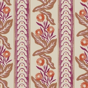 (M) Juliette_abstract arches, stripes, flowers and Leaves in dark magenta, orange-red and soft brown on an off white-cream background / more colors in the JULIETTE collection