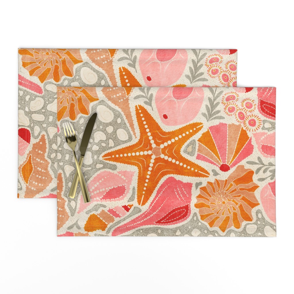 Just Beachy- Seashells Starfish on Sand with Sea Foam- Beach Combers Delight- Orange Pink- Large Scale