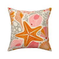 Just Beachy- Seashells Starfish on Sand with Sea Foam- Beach Combers Delight- Orange Pink- Large Scale