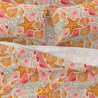 Just Beachy- Seashells Starfish on Sand with Sea Foam- Beach Combers Delight- Orange Pink- Large Scale