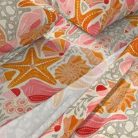 Just Beachy- Seashells Starfish on Sand with Sea Foam- Beach Combers Delight- Orange Pink- Large Scale