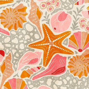 Just Beachy- Seashells Starfish on Sand- Beach Combers Delight- Orange Pink- Large Scale