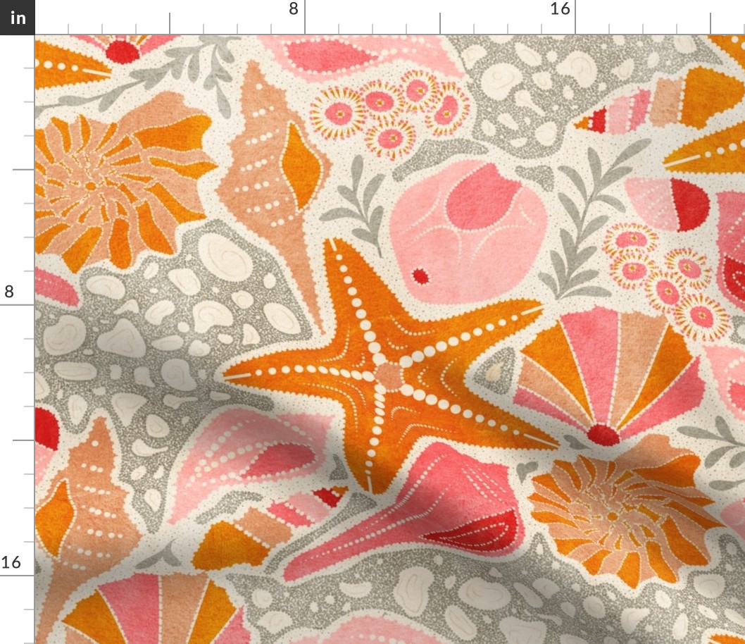 Just Beachy- Seashells Starfish on Sand with Sea Foam- Beach Combers Delight- Orange Pink- Large Scale