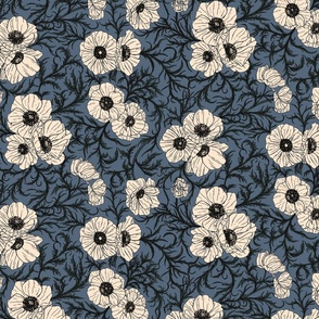 Midnight Anemone Garden // Medium Scale // Navy Blue Country Garden Floral Pattern
