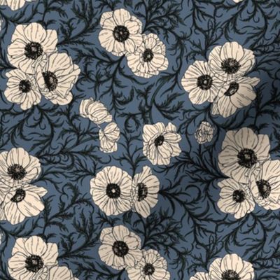 Midnight Anemone Garden // Small Scale // Navy Blue Country Garden Floral Pattern