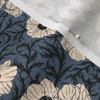 Midnight Anemone Garden // Small Scale // Navy Blue Country Garden Floral Pattern