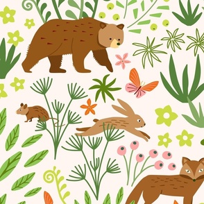 Adorable Woodland Creatures in green, orange and pink on light background (LG)