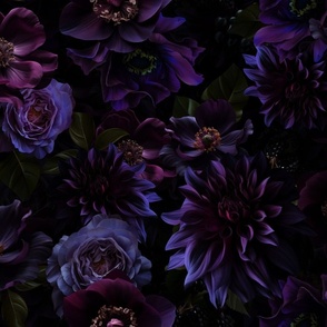 Costumer Request X-Large Vintage Summer Romanticism: Maximalism Moody Florals -  Antiqued Purple Mauve Roses and Nostalgic Gothic Mystic Night- Antique Dahlia Flowers Botany  Wallpaper and Victorian Goth inspired 