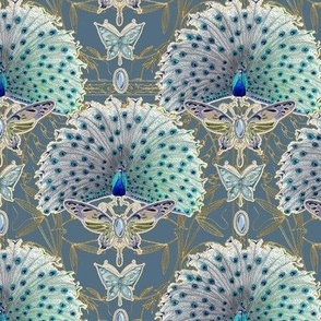 6" Art Nouveau Peacock Jeweled Butterfly Deco in Slate Blue by Audrey Jeanne