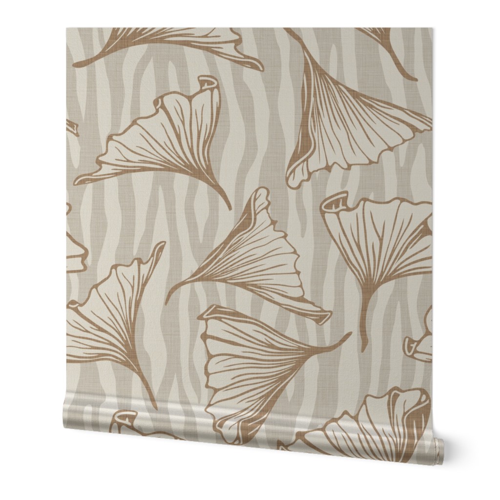 Zebra Gingko - Large -  Mid- Neutral - Linen Texture, brown, tan, cream