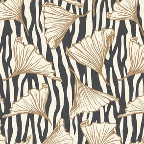 Zebra Gingko - Large - Charcoal - Linen Texture, Brown, Black, Cream