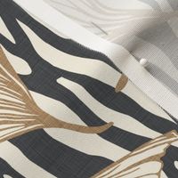 Zebra Gingko - Medium - Charcoal - Linen Texture, black, cream, brown