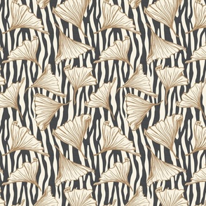 Zebra Gingko - Medium - Charcoal - Linen Texture, black, cream, brown