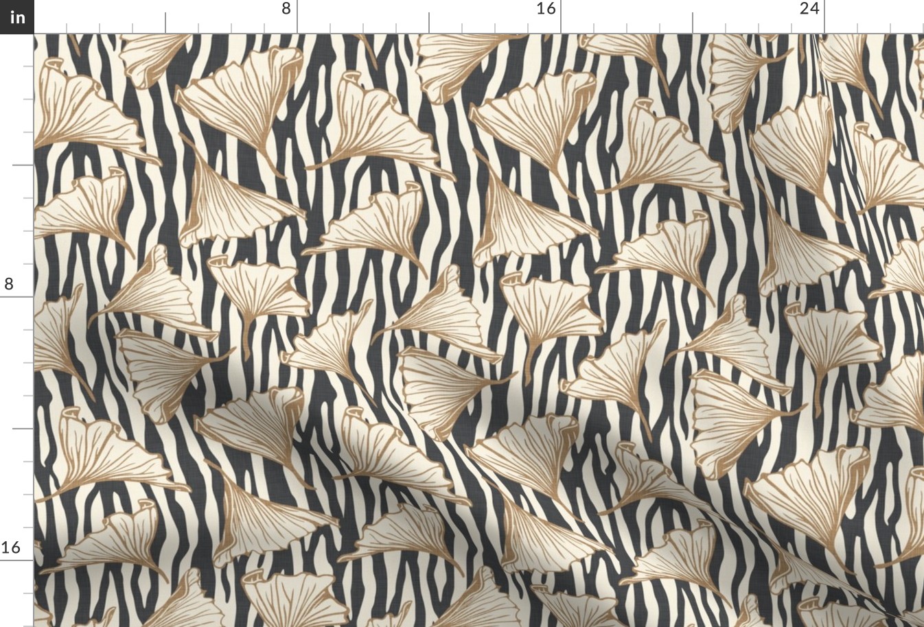 Zebra Gingko - Medium - Charcoal - Linen Texture, black, cream, brown