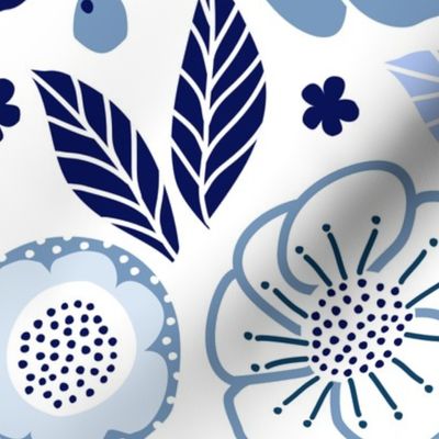(L) Bold Graphic Modern Roses June Birth Month Flowers Blue and White