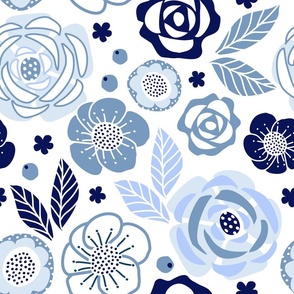 (L) Bold Graphic Modern Roses June Birth Month Flowers Blue and White