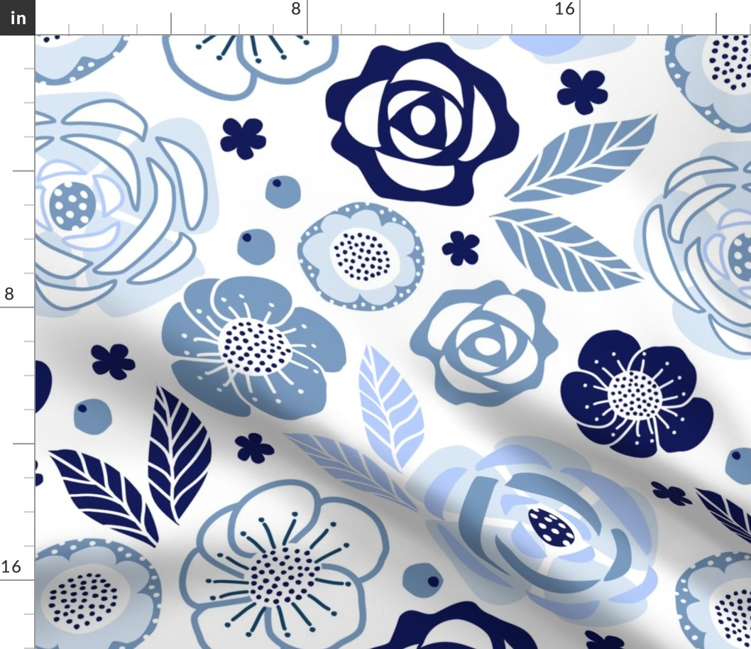 (L) Bold Graphic Modern Roses June Birth Month Flowers Blue and White