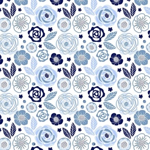 (M) Bold Graphic Modern Roses June Birth Month Flowers Blue and White