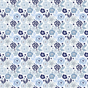 (S) Bold Graphic Modern Roses June Birth Month Flowers Blue and White