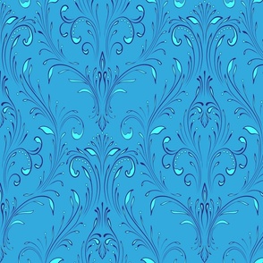 Elegant leafy nouveau swirls: cerulean blue, large-scale