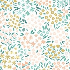 Small Spring Flowers for Kids' Apparel in Pastel Blue, Yellow, and Pink on white