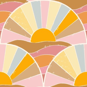 Warm Minimalist Sunset by Brezo Art Design Big Scale - Rainbow Retro Vintage Earth tones. Art Noveau. Beach. Geometric. Art Deco. Hipster. Abstract. Sun. Circle. African. Bohemian. Mediterranean. Pink, blue, yellow, brown, beige, cream