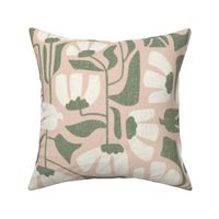 (L) Elegance Abstract Floral in Soft Pink/ Olive Green/ Ecru