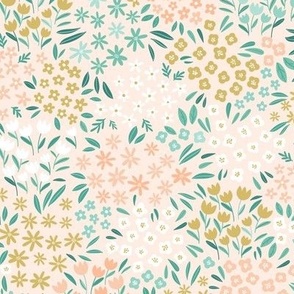 Ditsy Spring Florals in pastel Mint, Blue, Yellow & Pink for Kids' Apparel on light pink