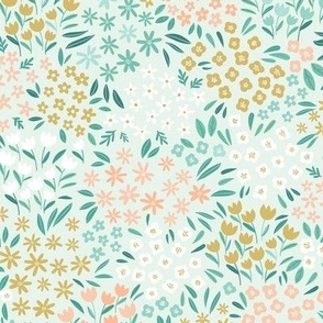 Small scale pastel spring flowers in pink, yellow and mint on light blue