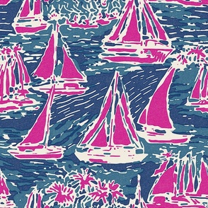 Sailboats Pink and blue water coastal southern charm style abstract pattern