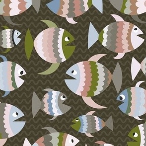 C-004 – Medium small scale Funky Funny Happy Fish with multi colours for kids apparel, children’s décor, pet accessories, tackle room curtains, fishing lodge wallpaper, rustic lakeside cabin style. 