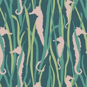 Magical Pink Seahorses  in Green Seagrasses, on Dark Green