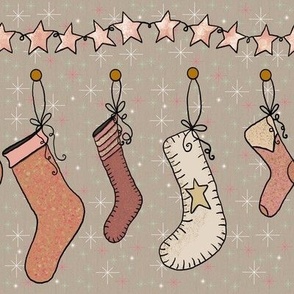 Cozy Christmas Stockings, Cream and Pink on Beige 