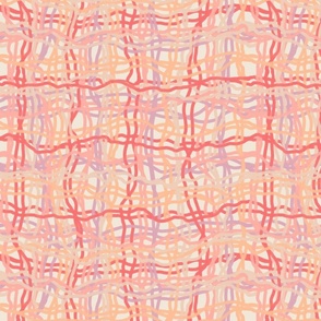 Intricated Stripes Pattern - 02 - M - Peach Pale Lilac - by 3H-Art Oda, peach orange, pale lilac, painted intertwined strings creating a loose woven structure, abstract art, intricated pastel-colored stripes