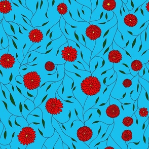 Red chrysanthemums on teal background