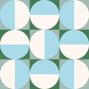 Geometric Tile Semicircles in Squares in Aqua Blue and Green