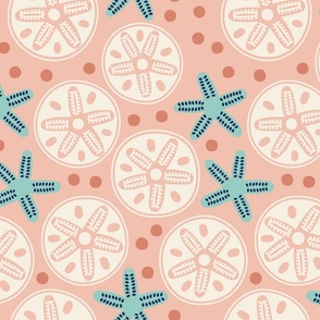 Teal Starfish and Creamy White Sand Dollars - Coral Dots on Peach Fuzz Background