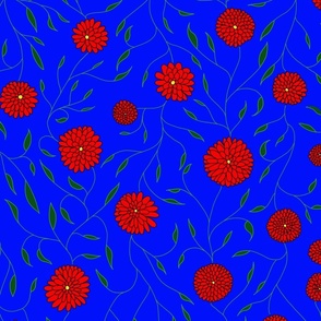 Red chrysanthemums on blue