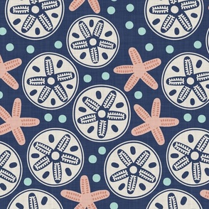 Peachy Starfish and Creamy White Sand Dollars - Teal Dots on Linen Textured Navy Blue Background