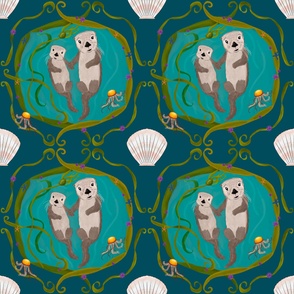 Deep Teal Monterey Bay California Storybook Style Mother and Baby Sea Otter Holding Hands Traditional Repeat Pattern Cute Quirky Illustration