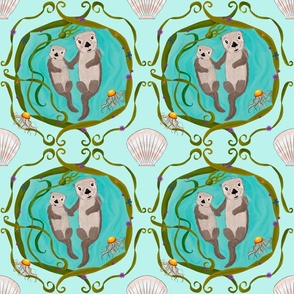 Bright Mint Monterey Bay California Storybook Style Mother and Baby Sea Otter Holding Hands Traditional Repeat Pattern Cute Quirky Illustration 