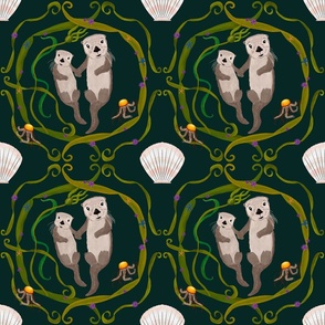 Deep Dark Sea Green Monterey Bay California Storybook Style Mother and Baby Sea Otter Holding Hands Traditional Repeat Pattern Cute Quirky Illustration 