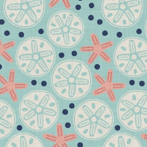 Peachy Starfish and Creamy White Sand Dollars - Navy Dots on Textured Aqua Blue Background