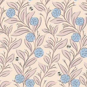 Floral vine and bees - taupe, blue