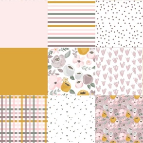 soft autumn floral faux quilt squares - gold and pink