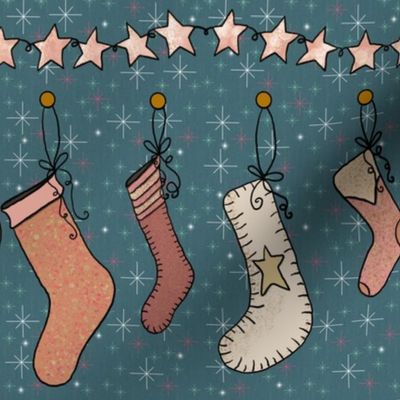 Cozy Christmas Stockings, Cream and Pink on Country Blue