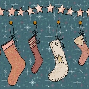 Cozy Christmas Stockings, Cream and Pink on Country Blue