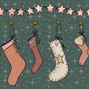 Cozy Christmas Stockings, Cream and Pink on Green