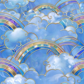 Stained Glass Watercolor Rainbow and Clouds / Fabric / Wallpaper / Home Decor / Upholstery / Clothing